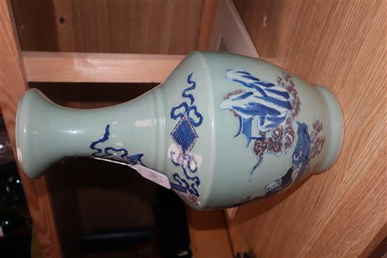 A Chinese underglaze blue and copper red celadon vase height 40cm